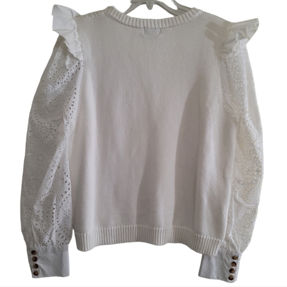 Fate Dnu Eyelet Sweater in White 100% Cotton Ruffled Shoulder Button Cuff - Picture 8 of 9